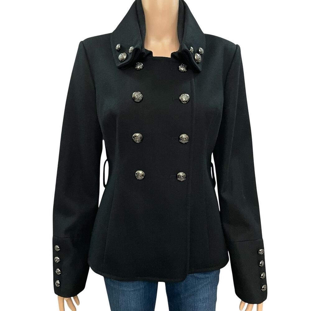 Black Rivet Wool Blend Peacoat Large Double Breasted Military Button Black